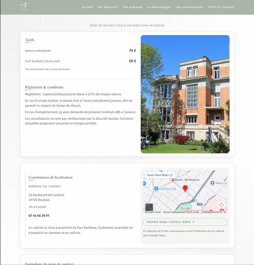 Page Contact davidtarsot.fr : tarifs, localisation et formulaire de prise de rendez-vous
