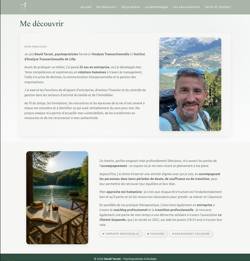 Page d'accueil davidtarsot.fr : navigation, hero et aperçu de la pratique