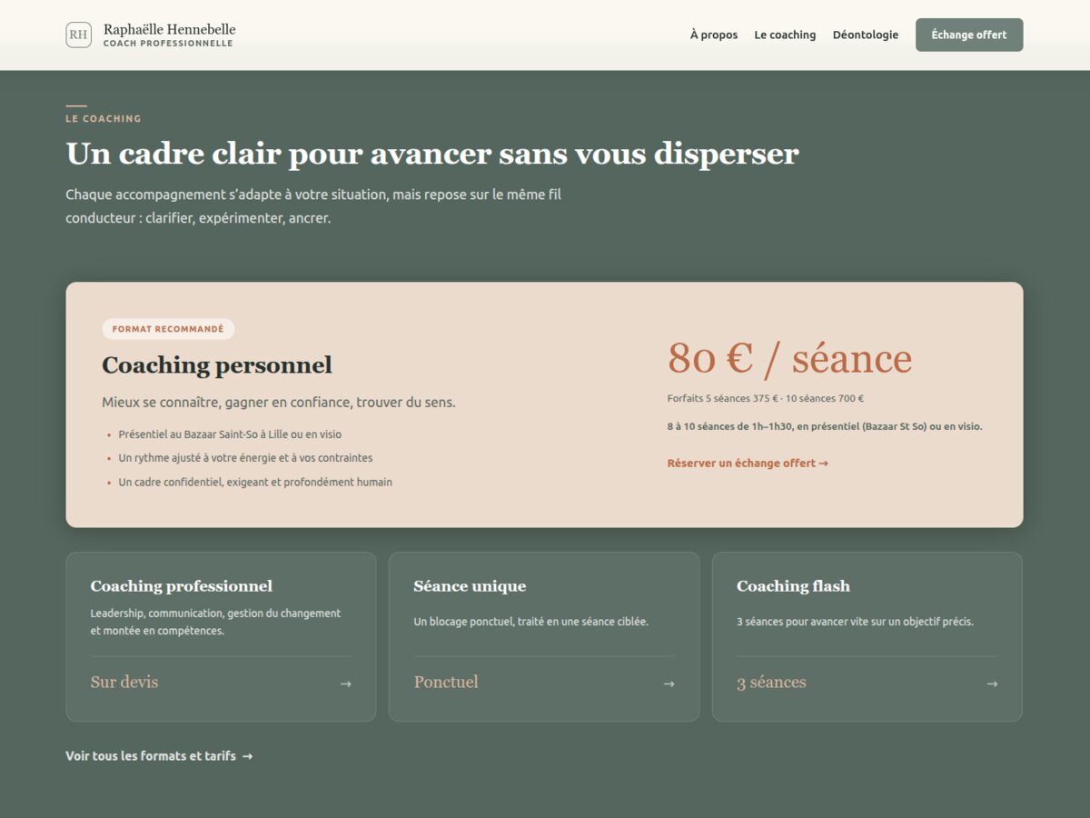 Page Le coaching : formats d'accompagnement, tarifs et prise de rendez-vous