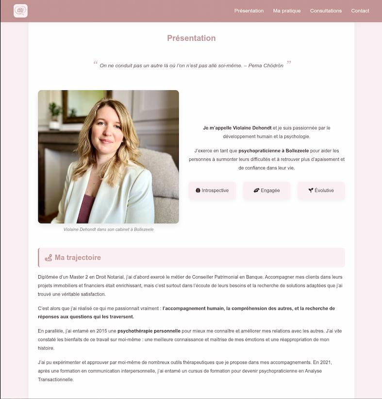 Page d'accueil violaine-dehondt.fr : atmosphère apaisante et entrées par public
